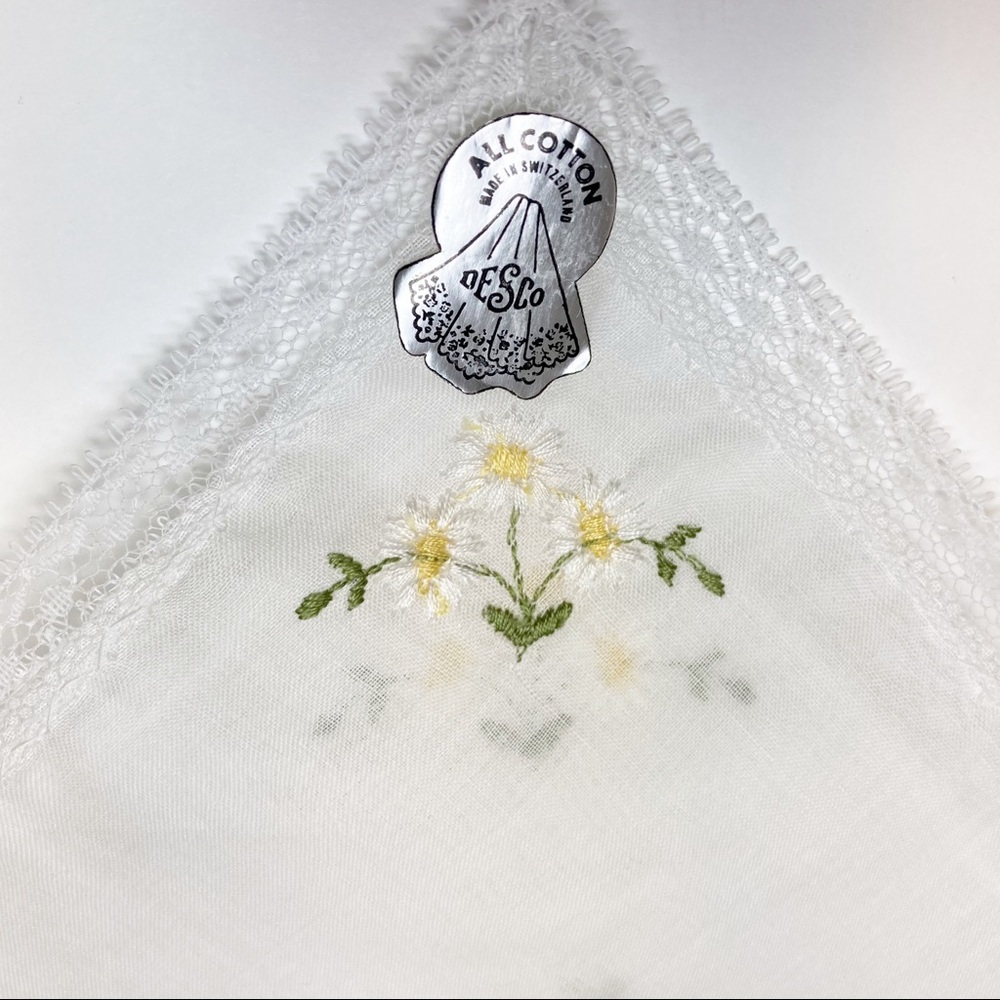 Desco Rare Vintage Cotton Embroidered Handkerchief Lace Made in Switzerland